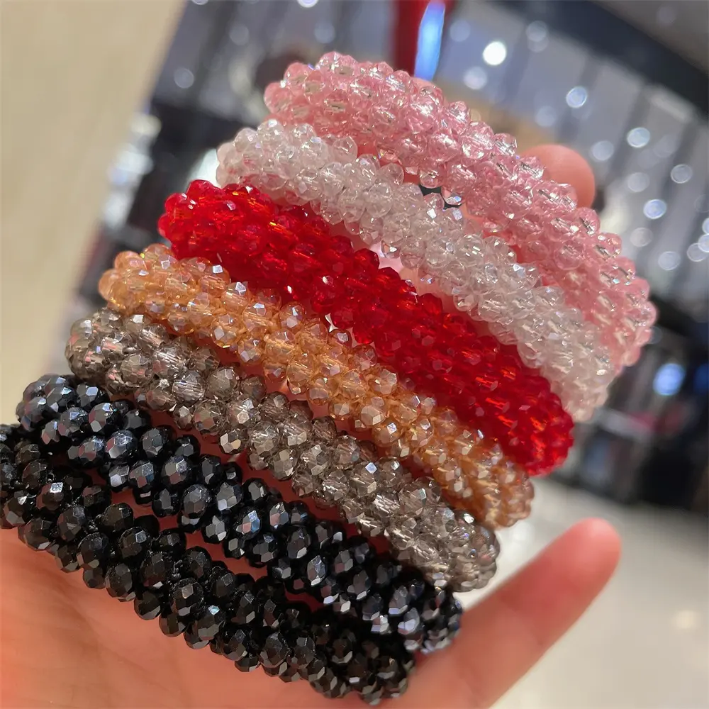 Fashion Crystal Beads Hair Ties for Women Girl Shiny Rhinestone Ball Ponytail Scrunchies Elastic Hair Bands Summer Hair Ring