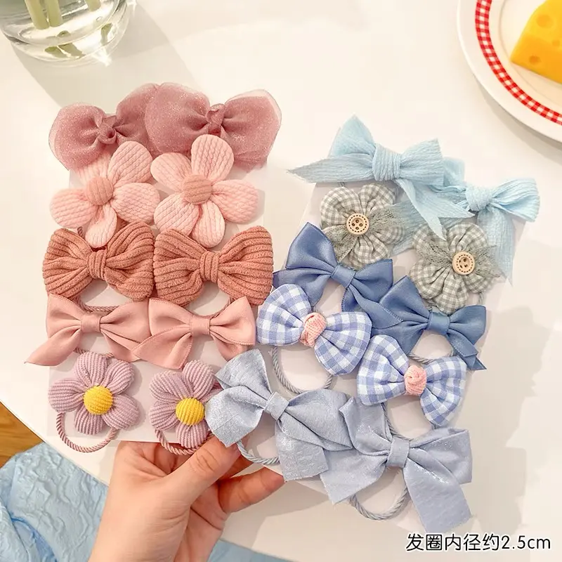 10pcs/Set Bowknot Hair Ties Cloth Flower Charms Hair Loop Mixed Color Elastic Ponytail Holder Rubber Bands For Toddler Girls