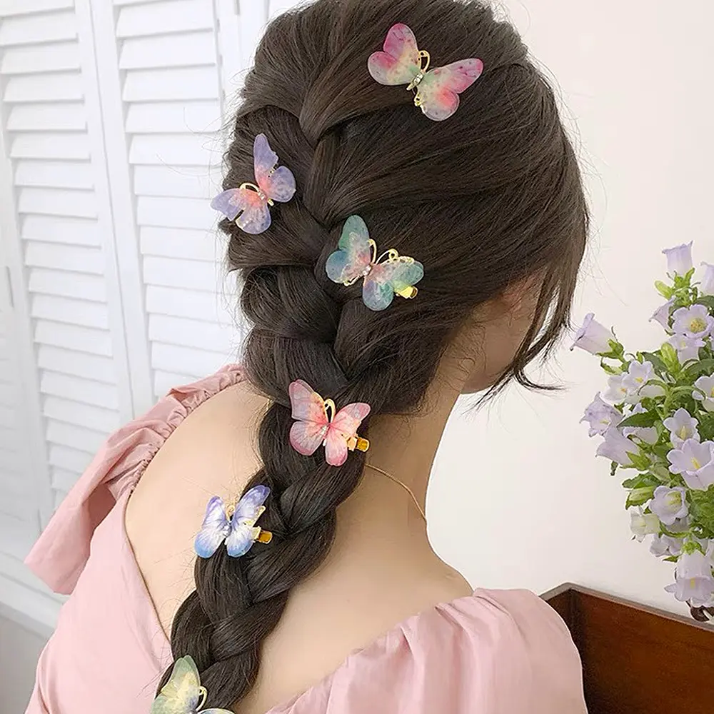6pcs Gradient Butterfly Hair Clips With Rhinestone Children Hairgrip Non-Slip Duckbill Barrettes Toddler Girls Fashion Headdress