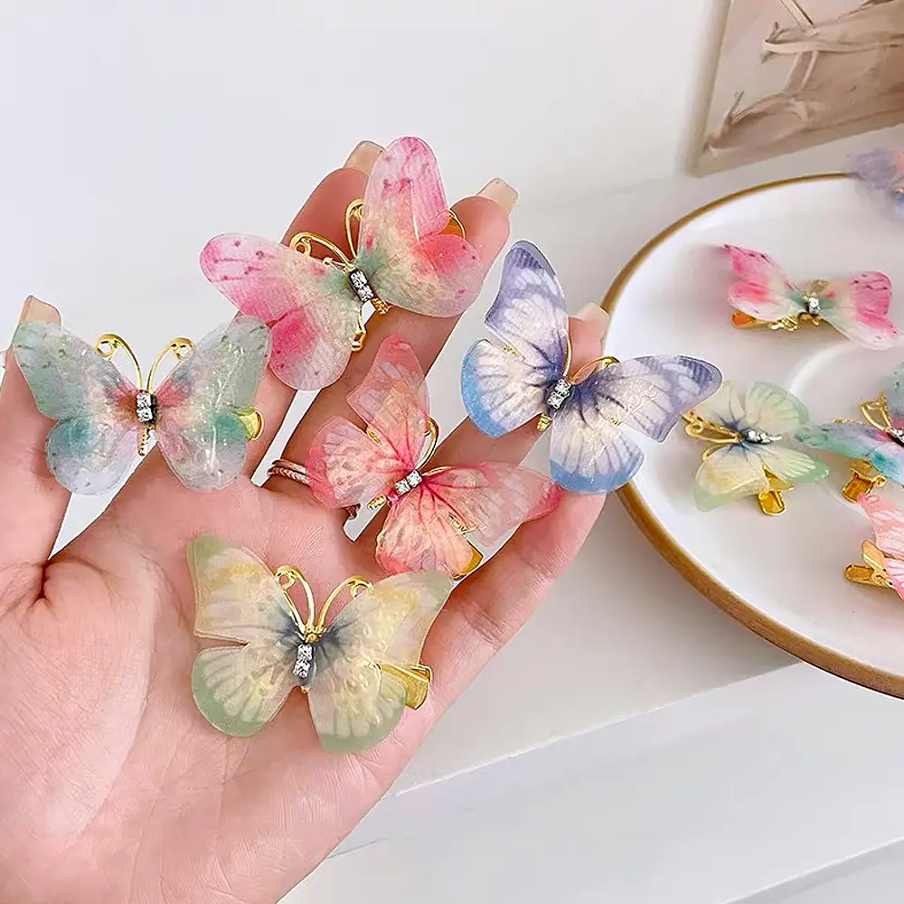 6pcs Gradient Butterfly Hair Clips With Rhinestone Children Hairgrip Non-Slip Duckbill Barrettes Toddler Girls Fashion Headdress