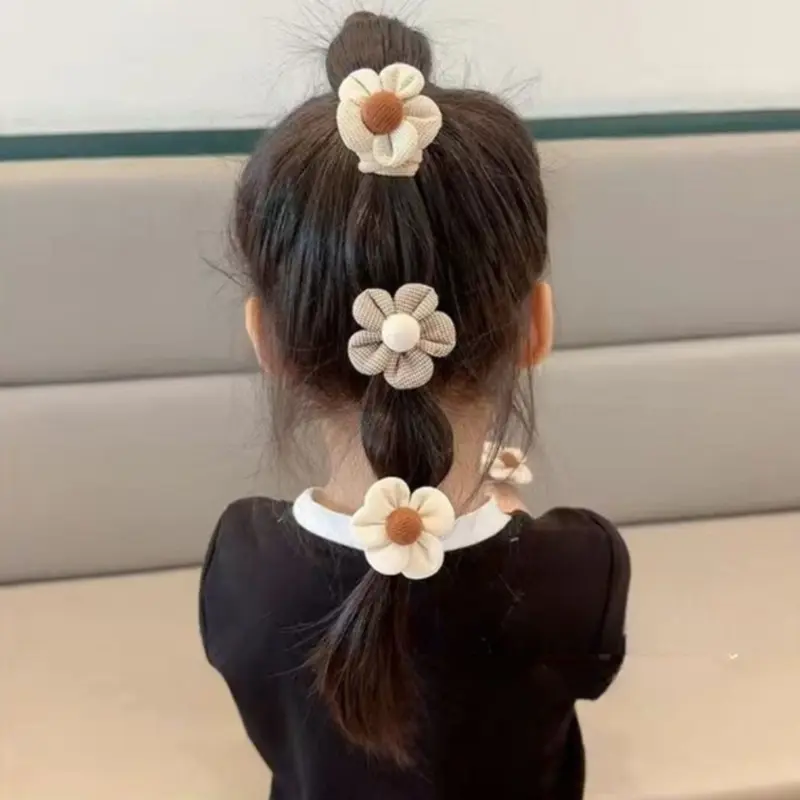 4pcs/Set Kid Bowknot Flower Hair Ties Seamless Plaid Hair Loops Baby Girls Elastic Ponytail Holder Rubber Band Summer Headwear