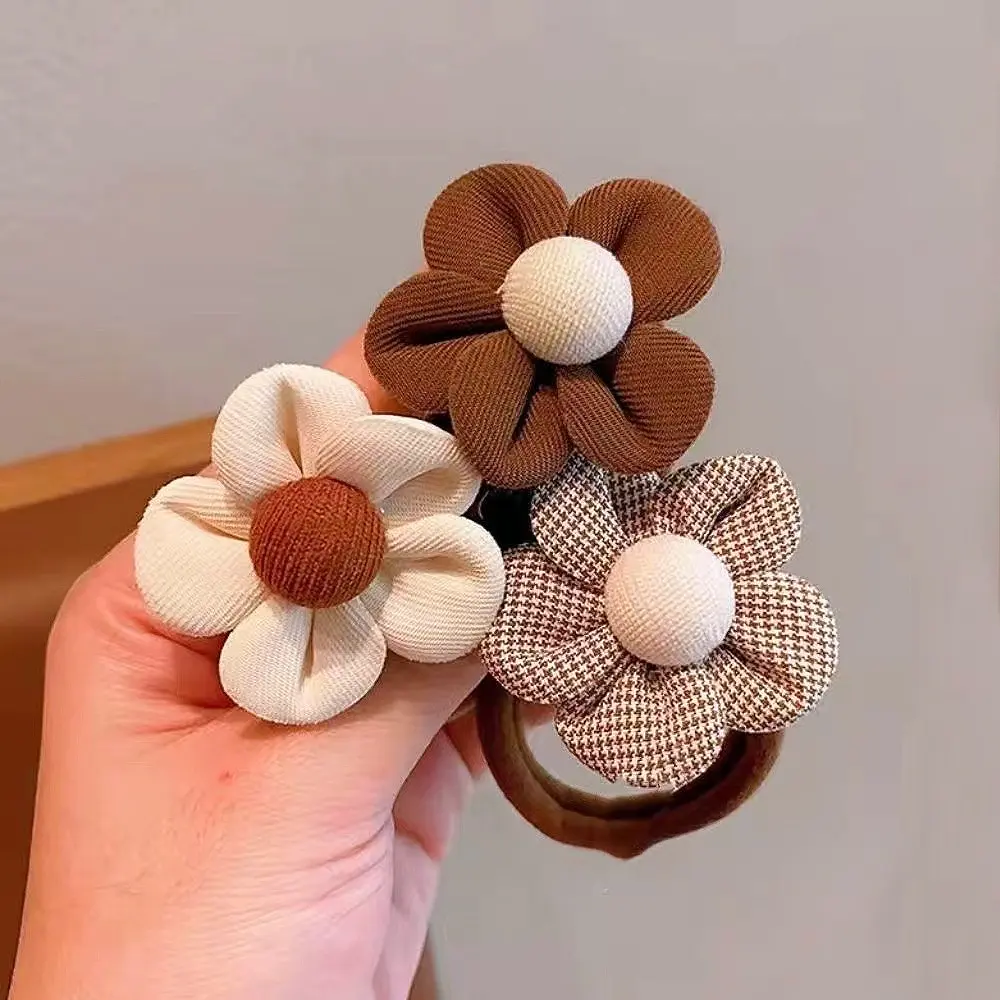 4pcs/Set Kid Bowknot Flower Hair Ties Seamless Plaid Hair Loops Baby Girls Elastic Ponytail Holder Rubber Band Summer Headwear