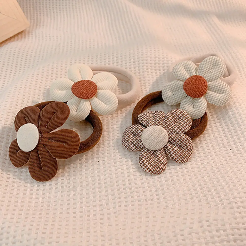 4pcs/Set Kid Bowknot Flower Hair Ties Seamless Plaid Hair Loops Baby Girls Elastic Ponytail Holder Rubber Band Summer Headwear