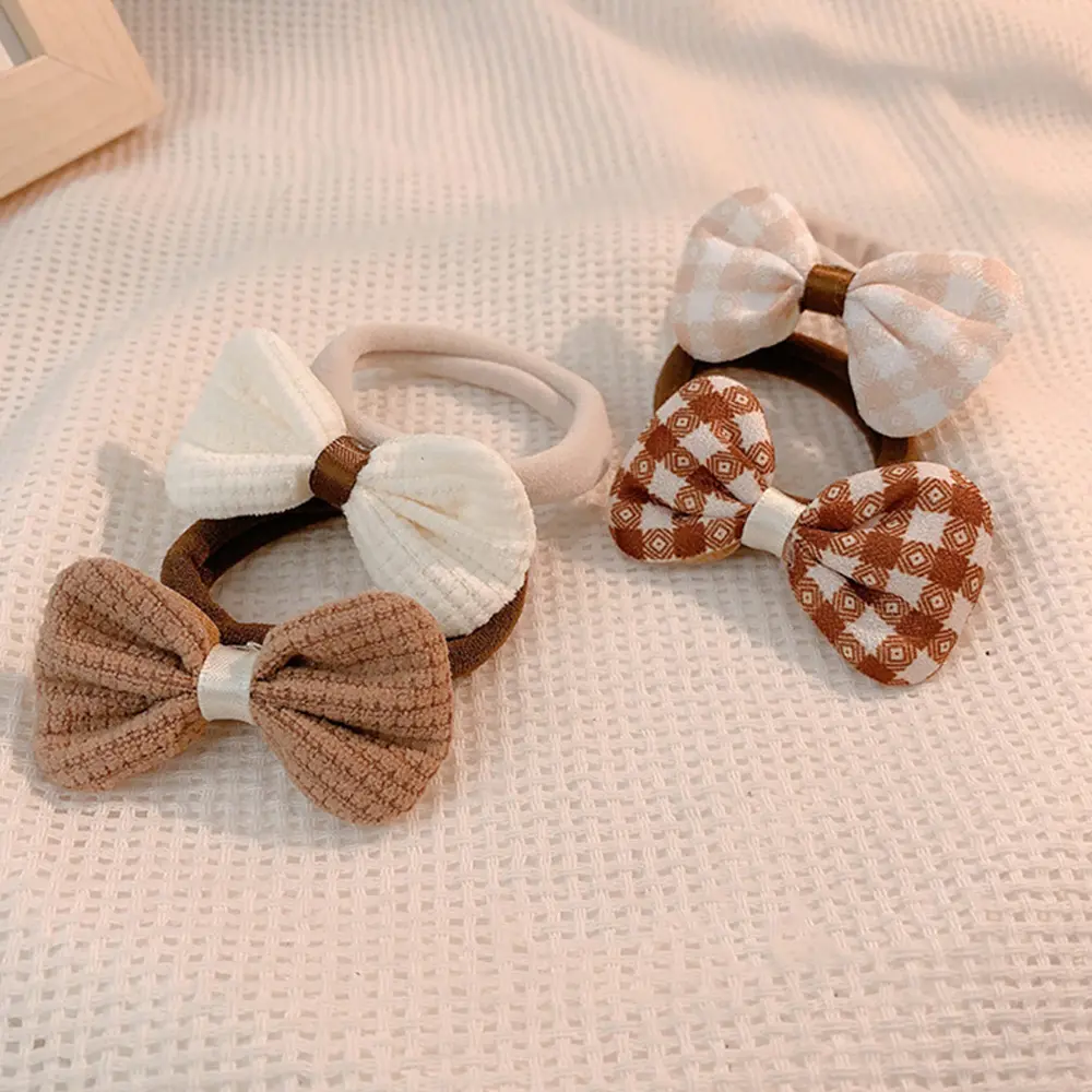 4pcs/Set Kid Bowknot Flower Hair Ties Seamless Plaid Hair Loops Baby Girls Elastic Ponytail Holder Rubber Band Summer Headwear