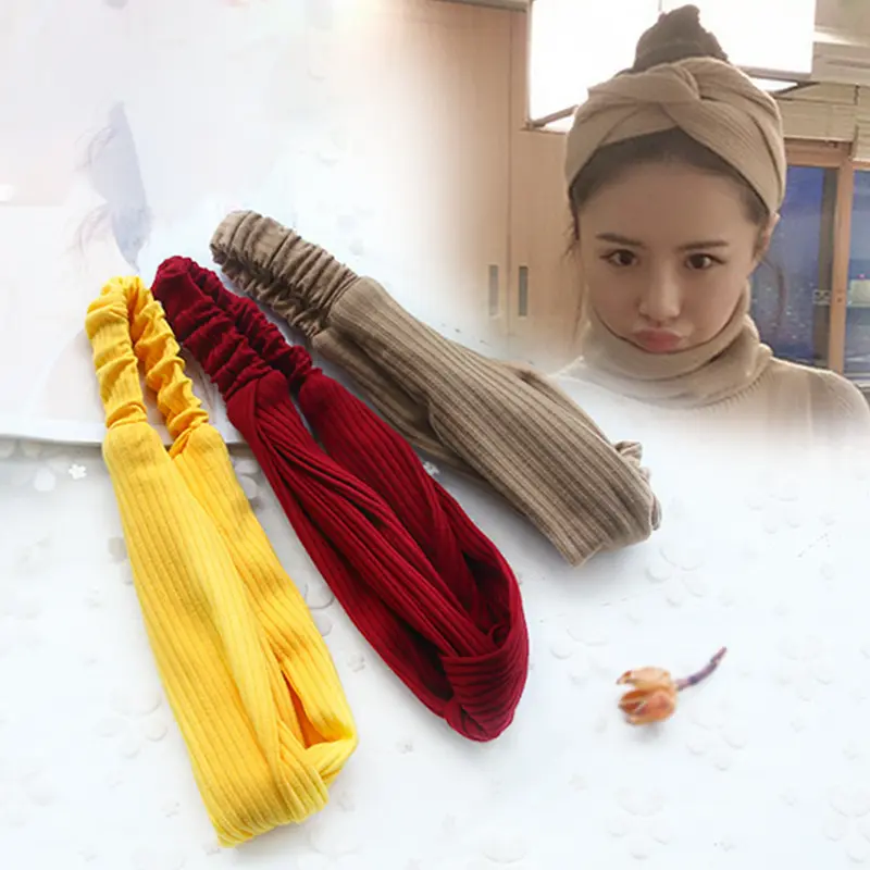 New Knitted Cotton Knot Top Cross Headband Soft Solid Color Women Hairband Summer Elastic Twisted Knotted Headwrap Headwear