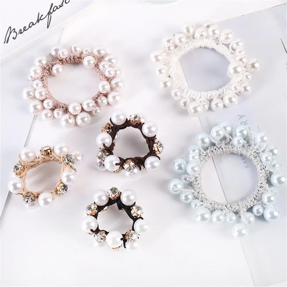 Luxury Crystal Pearl Women Hair Rope Handmade Elastic Hair Tie Multicolor Beaded Scrunchies Ponytail Holders Girl Hair Band
