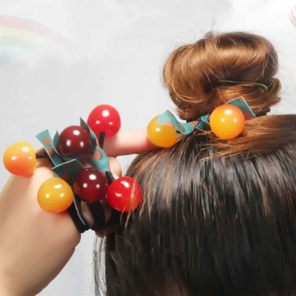 Sweet Crystal Cherry Bow High Elastics Hair Ties Women Fruit  Hair Rope Fashion  Girls Rubber Double Scrunchies Ponytail Holder