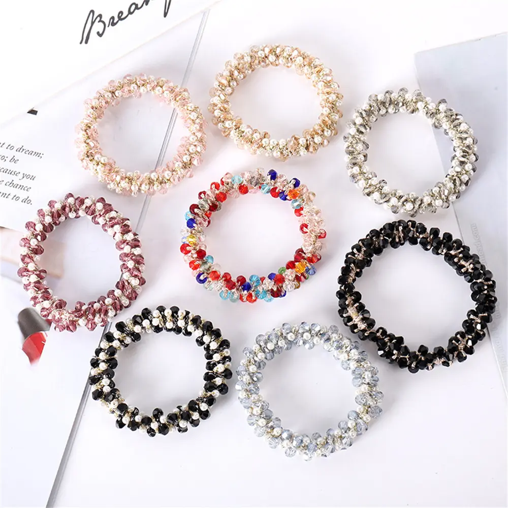 Luxury Crystal Pearl Women Hair Rope Handmade Elastic Hair Tie Multicolor Beaded Scrunchies Ponytail Holders Girl Hair Band