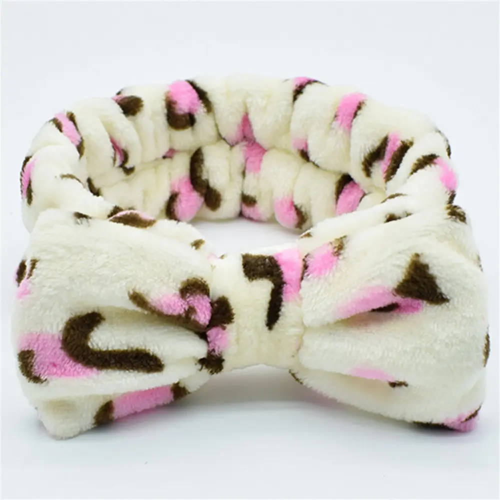 Fashion Plush Coral Fleece Bow Leopard Print Headbands for Women Girls Elastic Makeup Wash Face Velvet Headwrap Hair Accessories