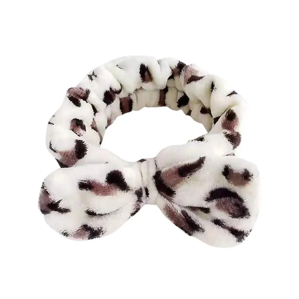 Fashion Plush Coral Fleece Bow Leopard Print Headbands for Women Girls Elastic Makeup Wash Face Velvet Headwrap Hair Accessories