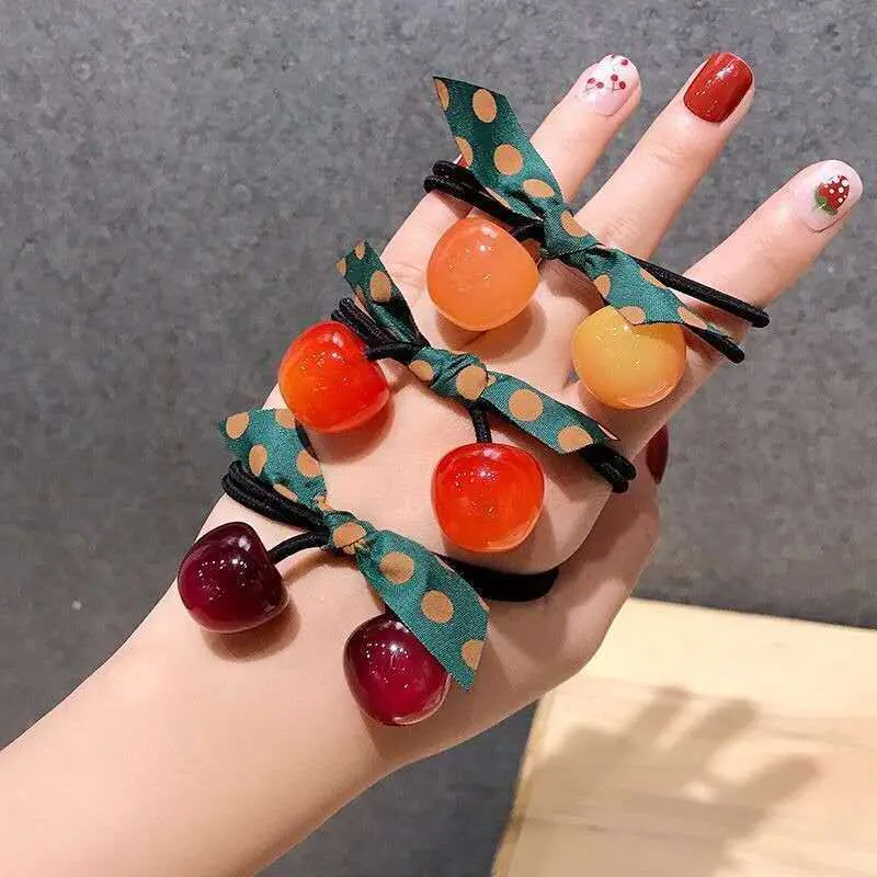 Sweet Crystal Cherry Bow High Elastics Hair Ties Women Fruit  Hair Rope Fashion  Girls Rubber Double Scrunchies Ponytail Holder