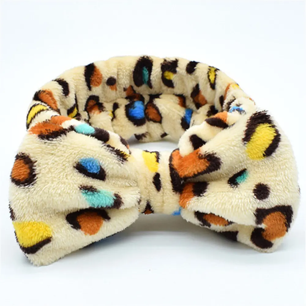 Fashion Plush Coral Fleece Bow Leopard Print Headbands for Women Girls Elastic Makeup Wash Face Velvet Headwrap Hair Accessories