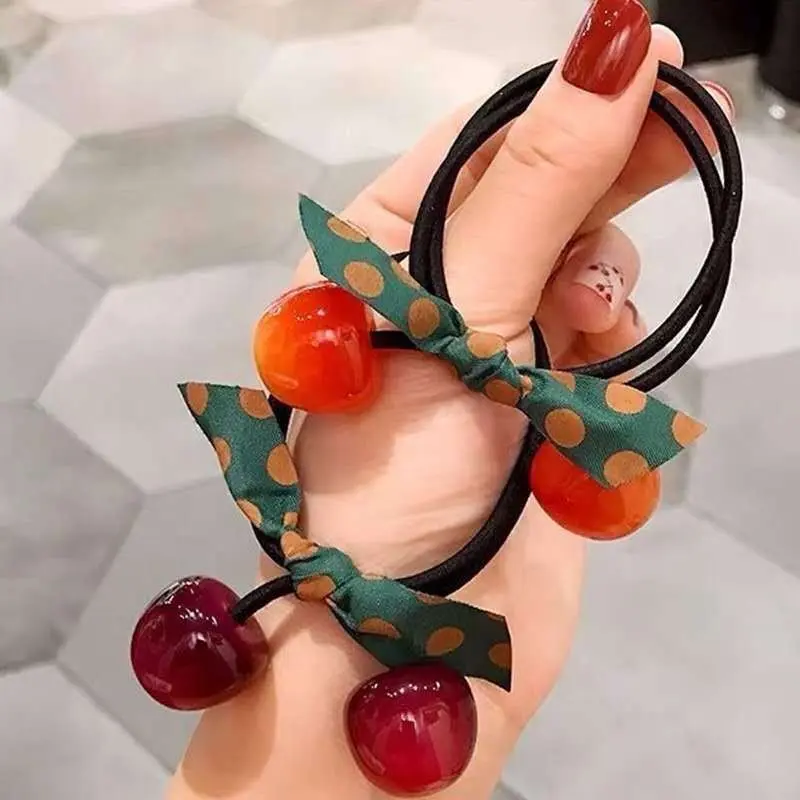 Sweet Crystal Cherry Bow High Elastics Hair Ties Women Fruit  Hair Rope Fashion  Girls Rubber Double Scrunchies Ponytail Holder