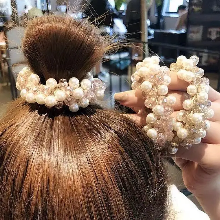 Luxury Crystal Pearl Women Hair Rope Handmade Elastic Hair Tie Multicolor Beaded Scrunchies Ponytail Holders Girl Hair Band