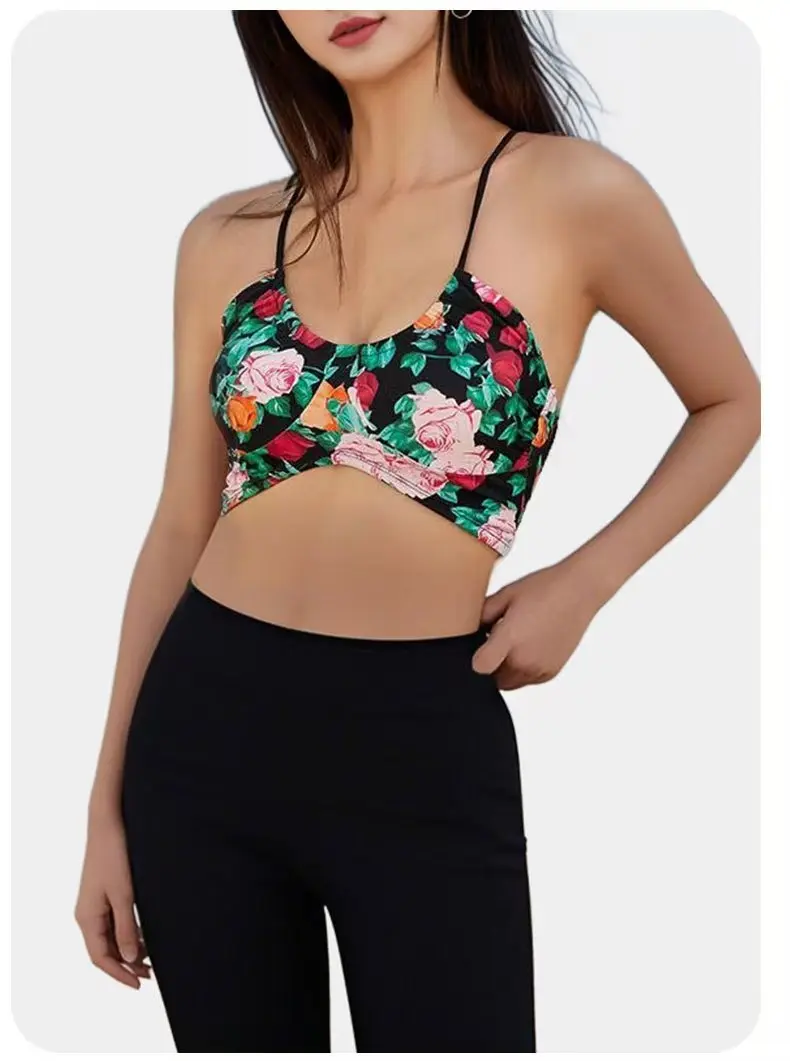 Gym Seamless Hot Girl Printed Yoga Underwear Women's Sports Bra One-piece Beauty Back Training Fitness Wear Halter Neck Vest