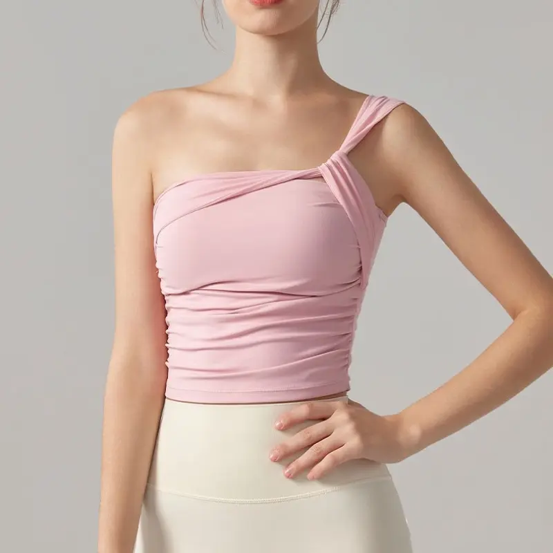 Sports Lingerie Women Summer One-shoulder Fixed Cup Yoga Suit Vest Outside Wearing Beautiful Back Pilates Training Fitness Bra