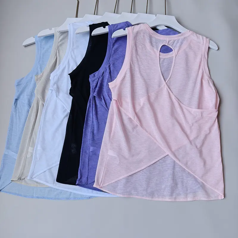 Summer Bamboo Yarn Vest Yoga Blouse Hollow Beautiful Back Sports Top for Women Yoga Clothes Round Neck Fitness Short Sleeves