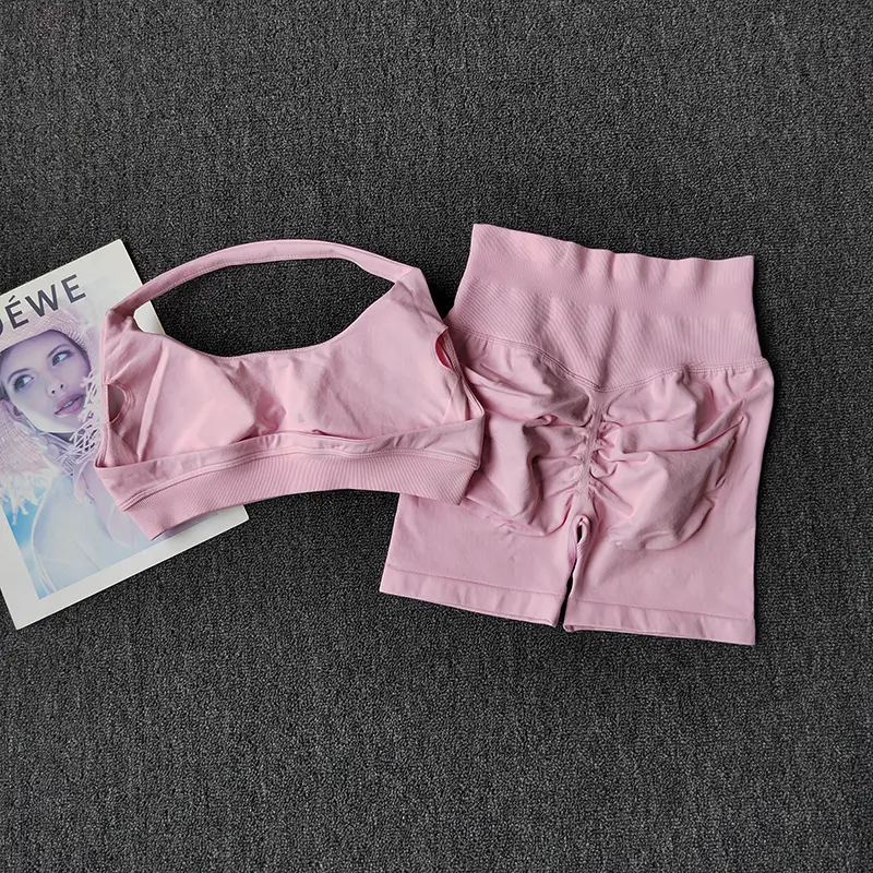 Hot Peach High Waist Belly Hip Lifting Sports Bras With Shorts Suit Gathering Shock-proof Neck Halter Yoga Suit Fitness Set