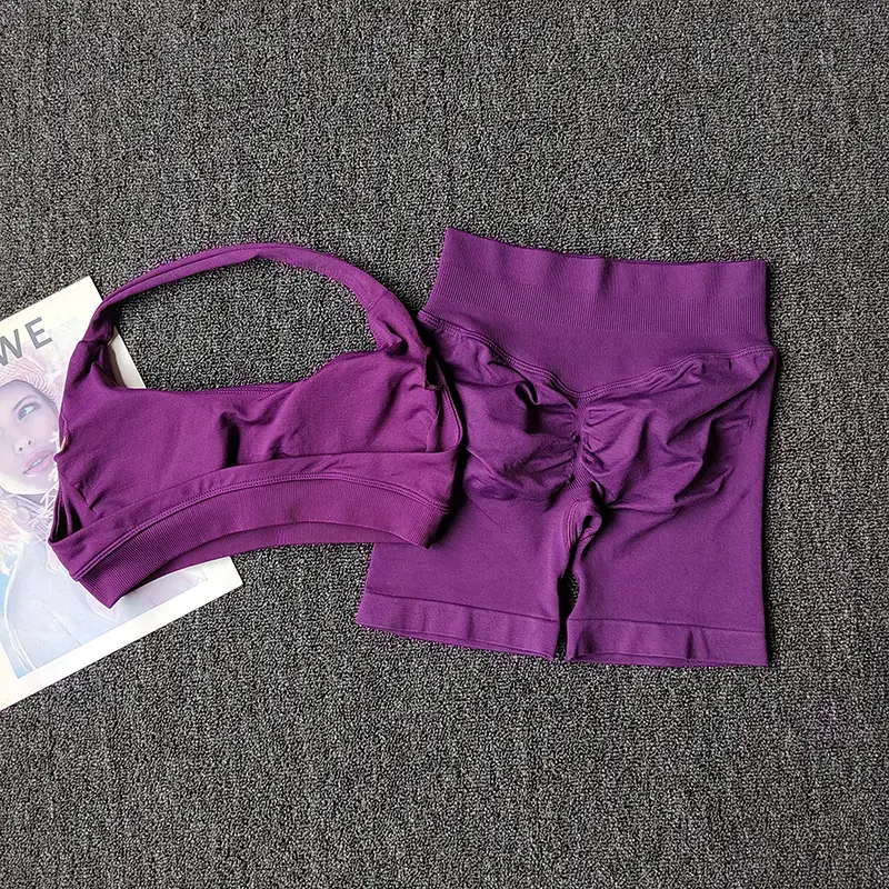 Hot Peach High Waist Belly Hip Lifting Sports Bras With Shorts Suit Gathering Shock-proof Neck Halter Yoga Suit Fitness Set
