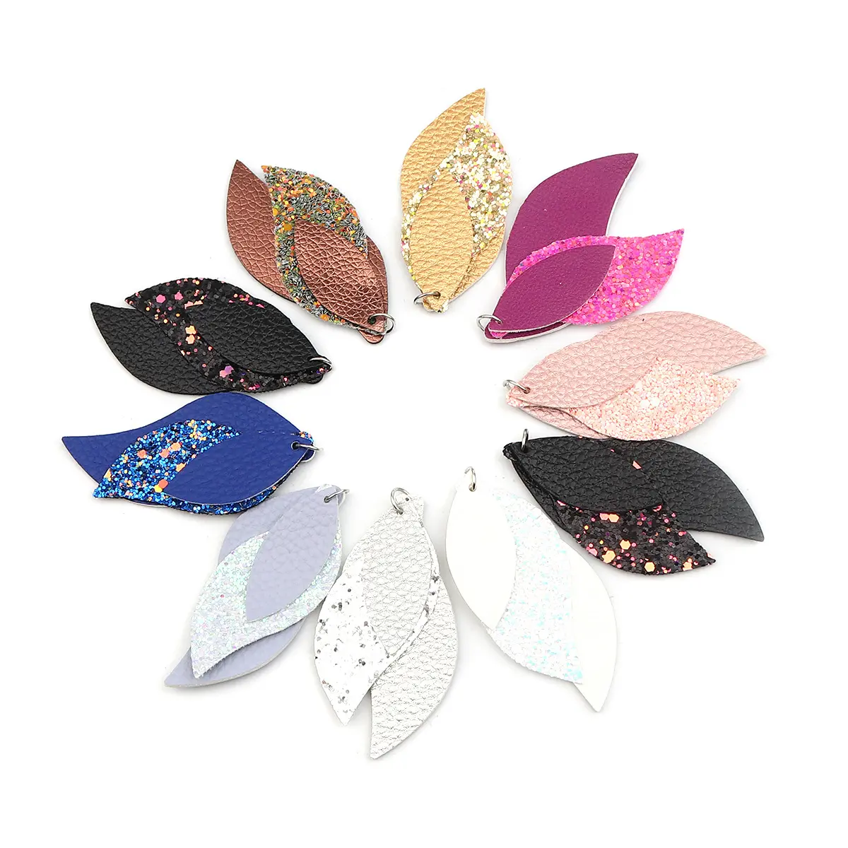 DoreenBeads Bohemian PU Leather Three-layer Colorful Charms Sequined Leaf Shaped DIY Making Earrings Women Jewelry Material, 5PC