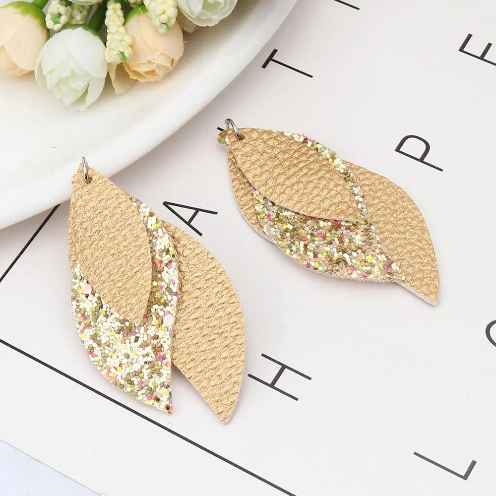 DoreenBeads Bohemian PU Leather Three-layer Colorful Charms Sequined Leaf Shaped DIY Making Earrings Women Jewelry Material, 5PC