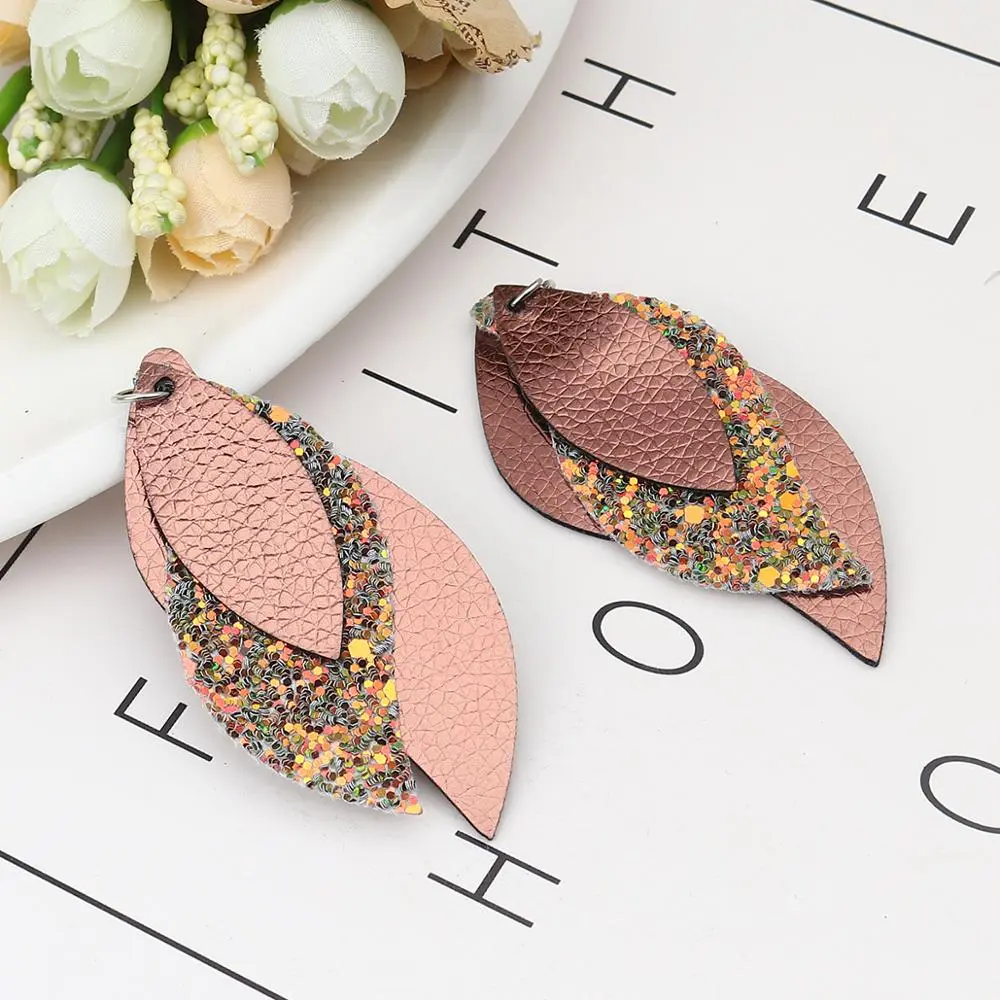 DoreenBeads Bohemian PU Leather Three-layer Colorful Charms Sequined Leaf Shaped DIY Making Earrings Women Jewelry Material, 5PC