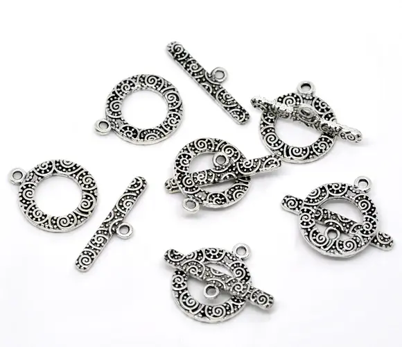 Zinc Based Alloy Toggle Clasps Round Antique Silver Color Circle Carved For DIY Jewelry Making 19mm x 16mm 24mm x 6mm, 3 Sets