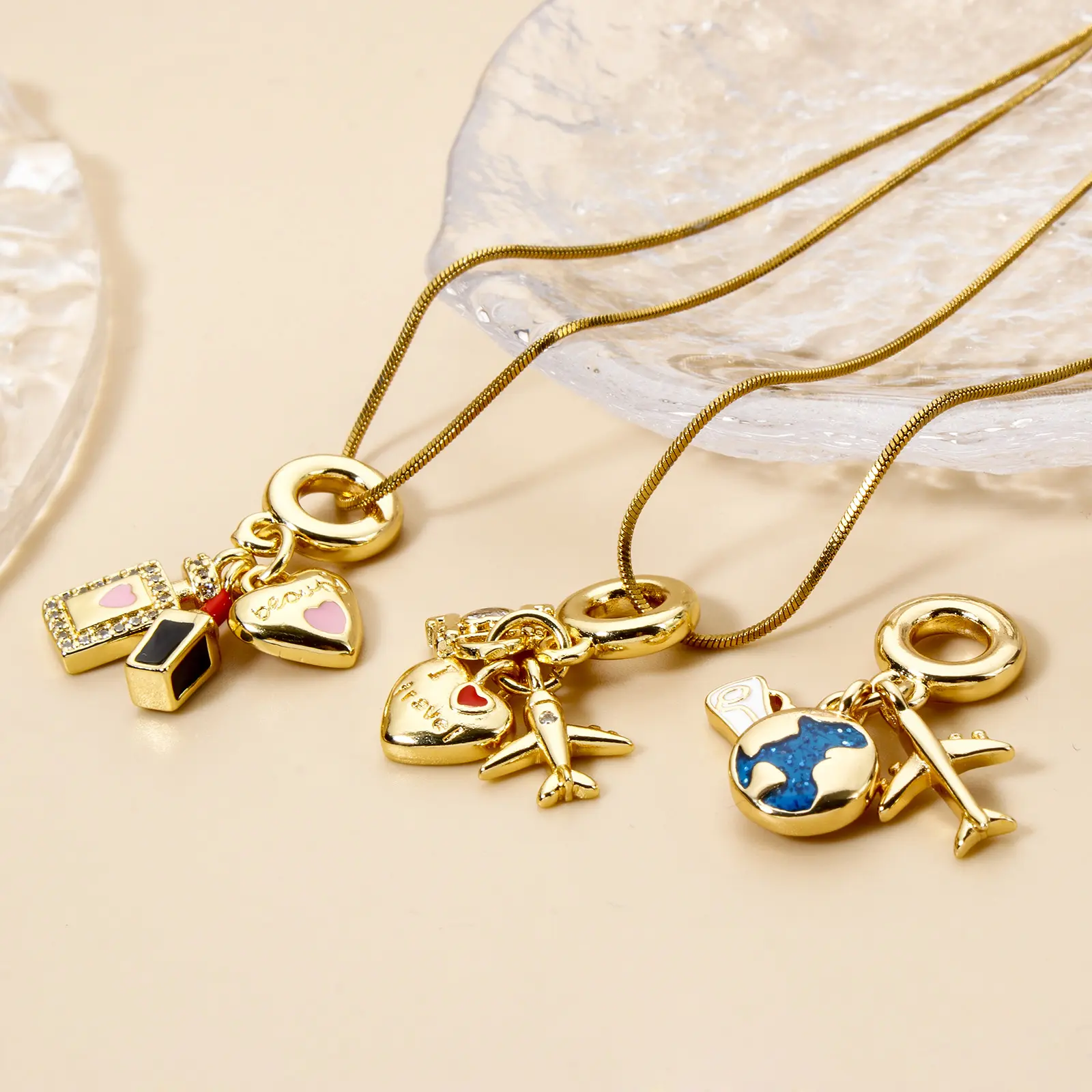 1 Piece Brass Travel Dangle Charm Beads For Bracelet Necklace Jewelry Making 18K Real Gold Plated Heart Airplane Enamel Pendants
