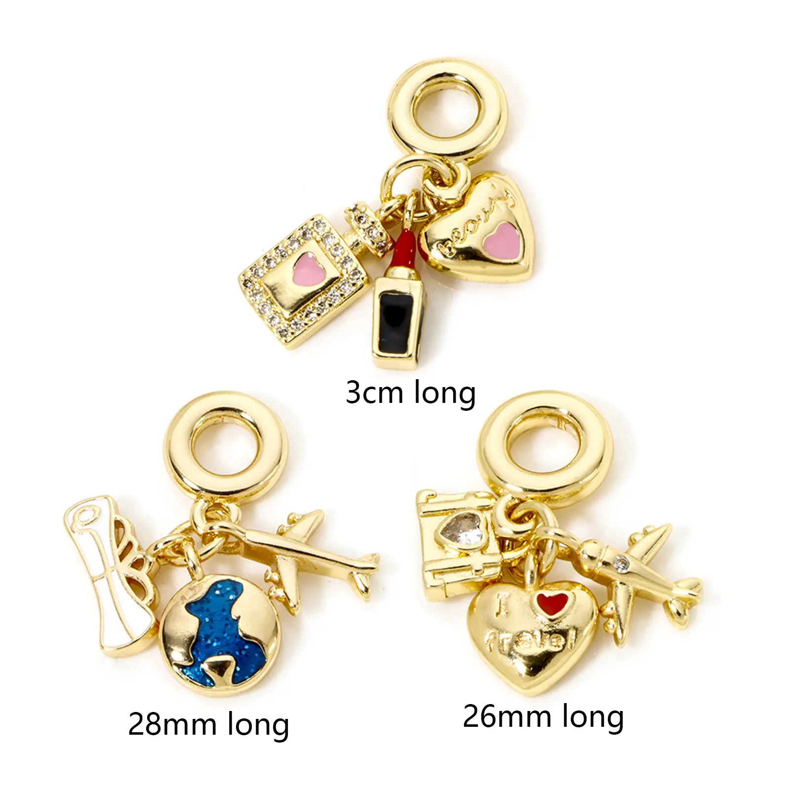 1 Piece Brass Travel Dangle Charm Beads For Bracelet Necklace Jewelry Making 18K Real Gold Plated Heart Airplane Enamel Pendants