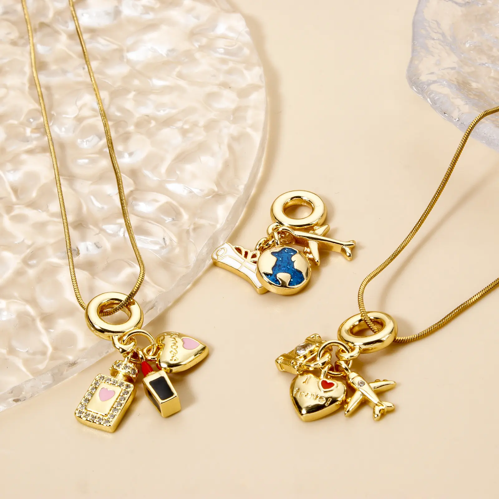 1 Piece Brass Travel Dangle Charm Beads For Bracelet Necklace Jewelry Making 18K Real Gold Plated Heart Airplane Enamel Pendants