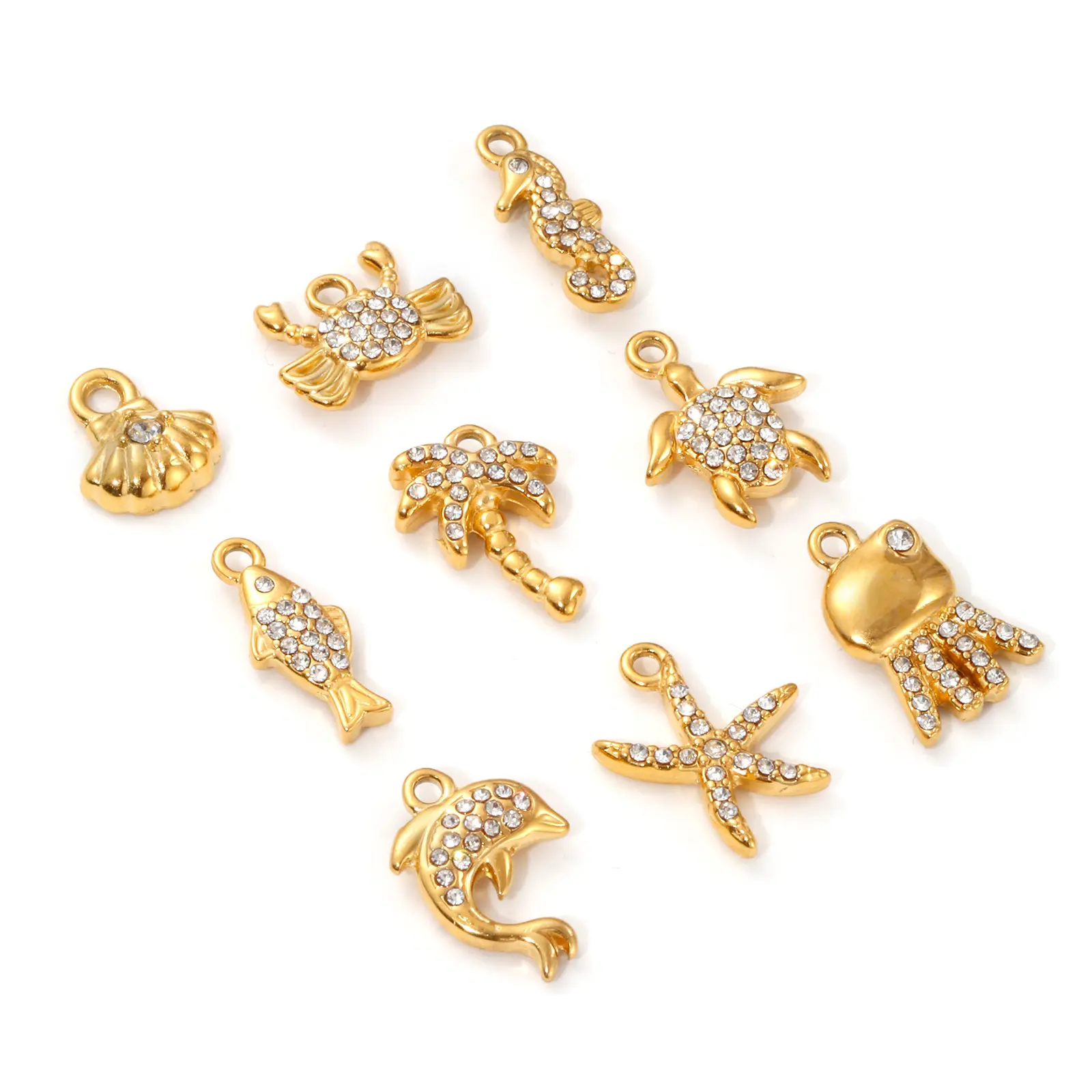 1Piece 304 Stainless Steel Ocean Charm Starfish Crab Turtle 18K Gold Plated Micro Pave Clear Cubic Zirconia Pendant Necklace DIY