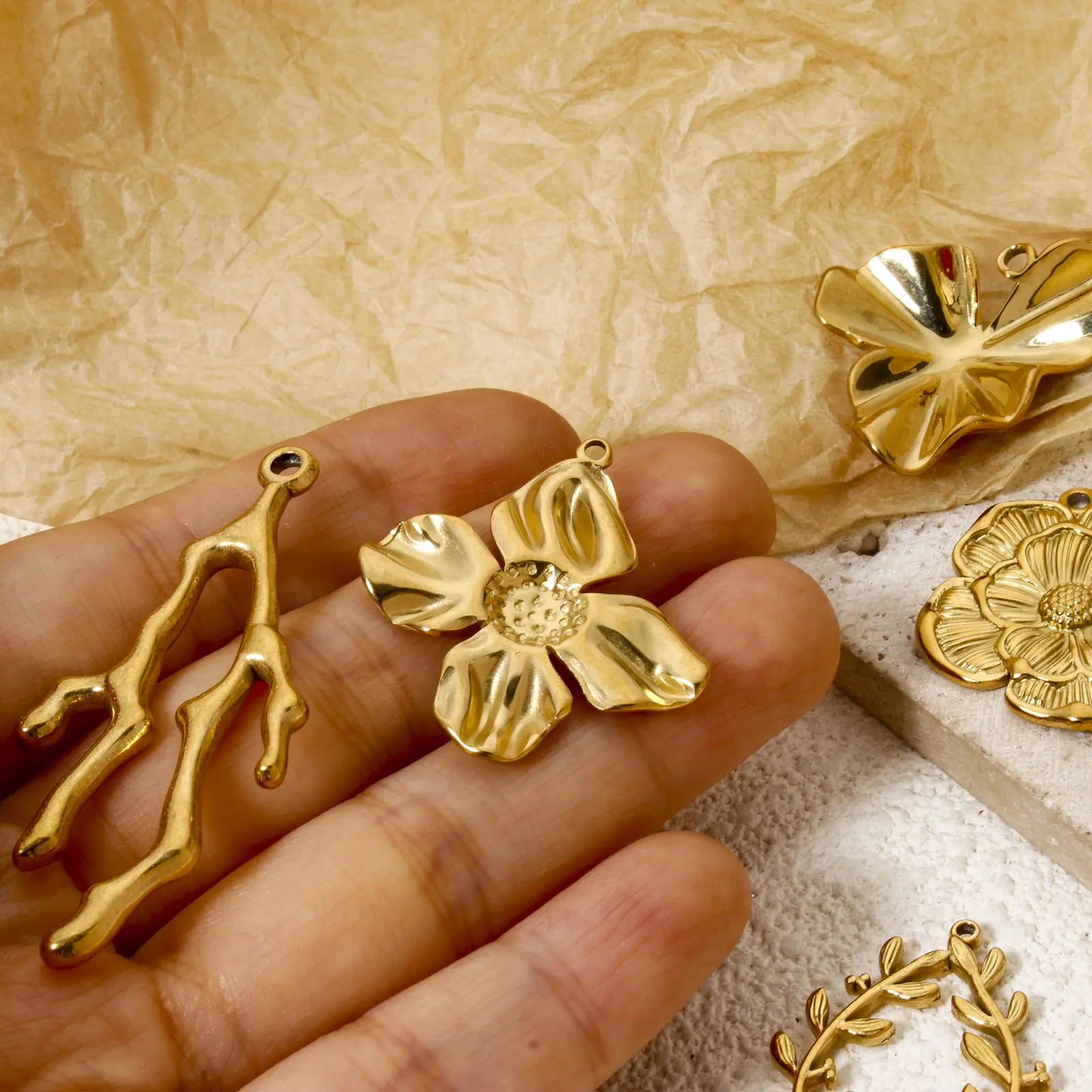 2 PCs 304 Stainless Steel Flower Leaf Flora Collection Charms 18K Real Gold Plated Pendants For DIY Jewelry Making Findings