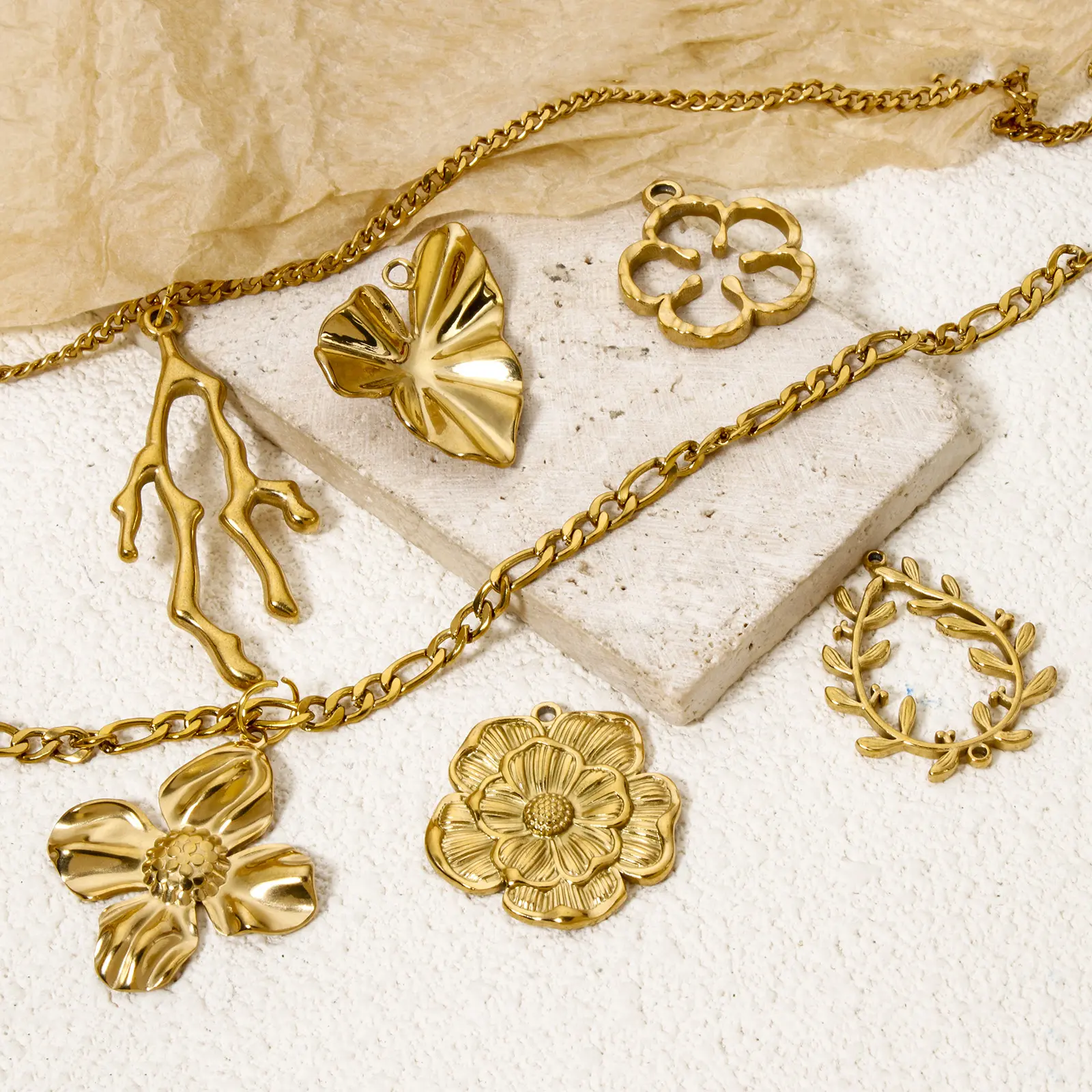 2 PCs 304 Stainless Steel Flower Leaf Flora Collection Charms 18K Real Gold Plated Pendants For DIY Jewelry Making Findings