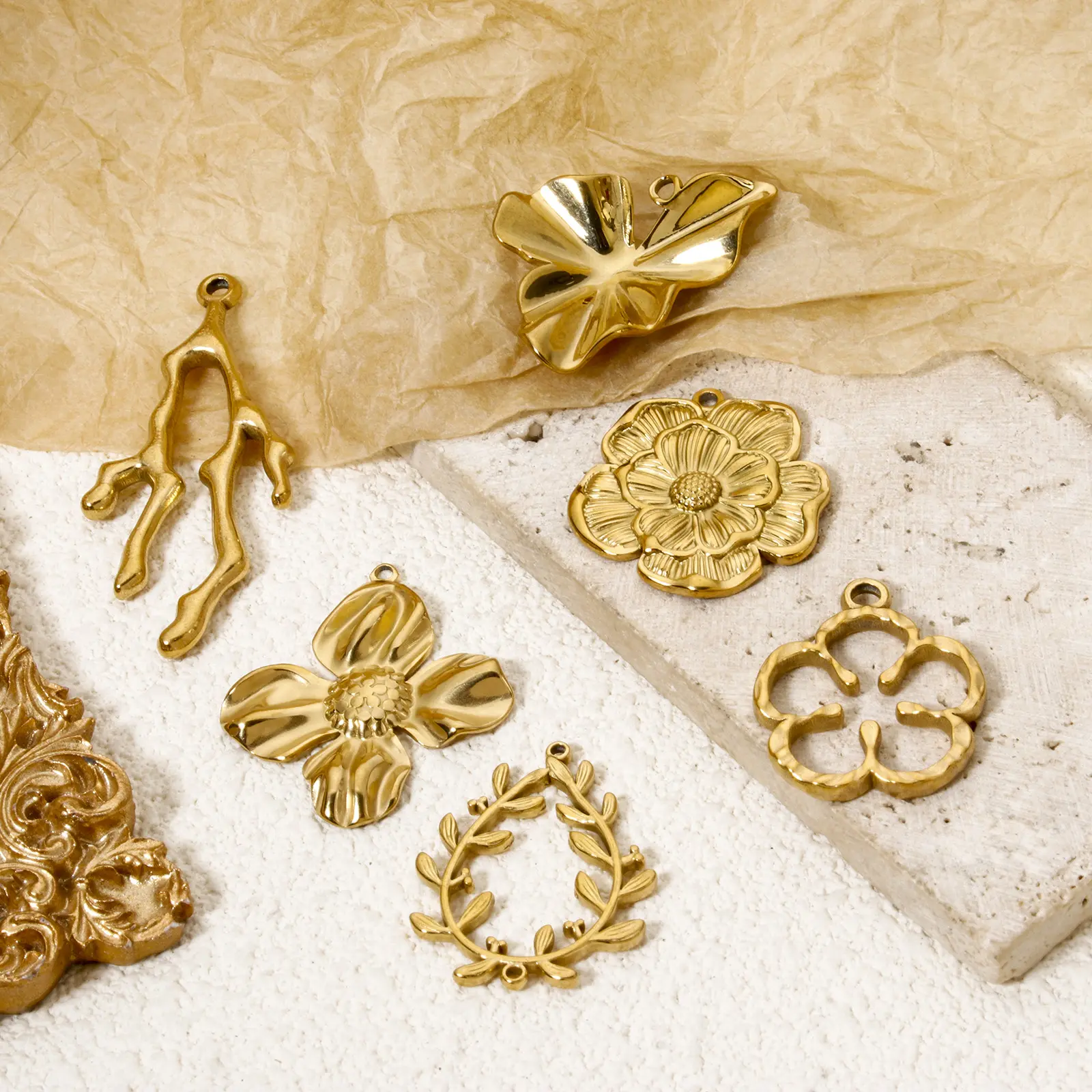 2 PCs 304 Stainless Steel Flower Leaf Flora Collection Charms 18K Real Gold Plated Pendants For DIY Jewelry Making Findings