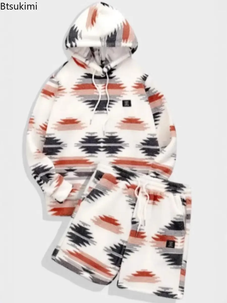New 2025 Men's Casual Loose Suit Green Printed Long Sleeved Sweatshirt Shorts Two-piece Set for Men Fashion Suede Hooded Tops