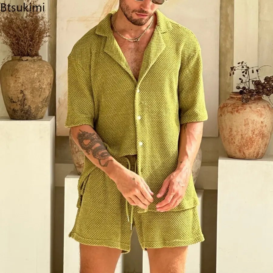 Summer Solid Breathable Casual Suits Men's Fashion Loose Button Lapel Shirt Tops and Drawstring Shorts Two Pieces Tracksuit Men