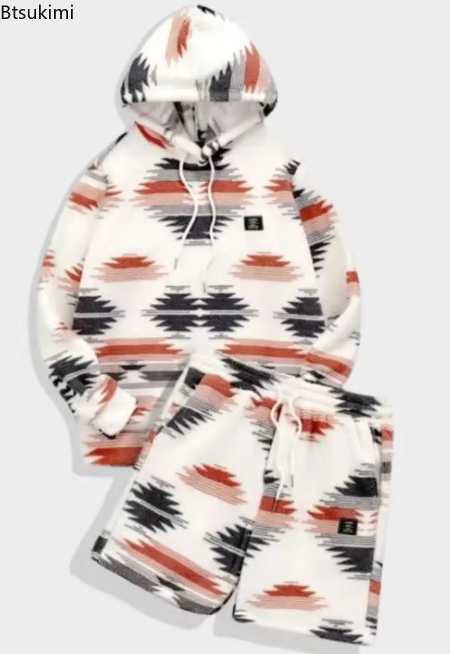New 2025 Men's Casual Loose Suit Green Printed Long Sleeved Sweatshirt Shorts Two-piece Set for Men Fashion Suede Hooded Tops