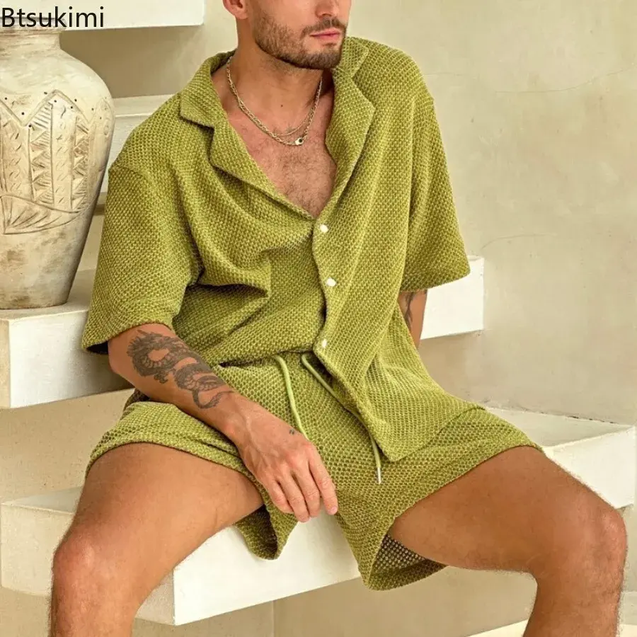 Summer Solid Breathable Casual Suits Men's Fashion Loose Button Lapel Shirt Tops and Drawstring Shorts Two Pieces Tracksuit Men