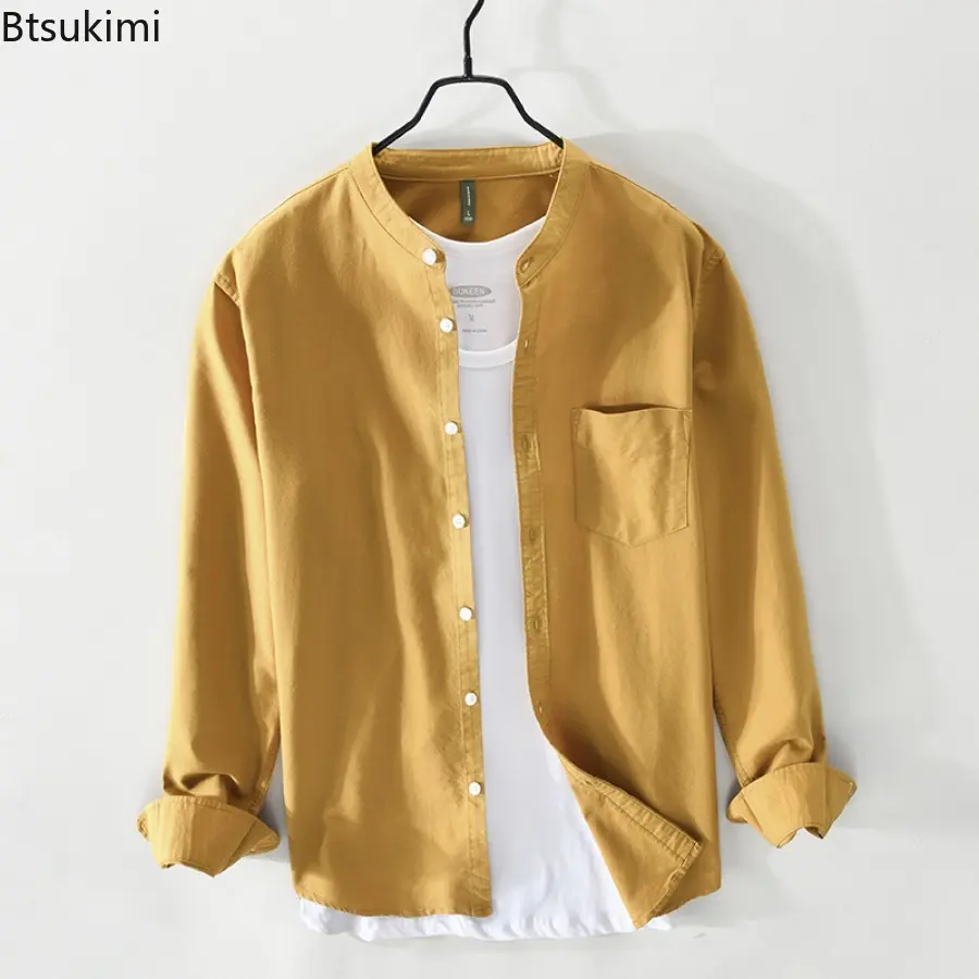 2025 Fashion Retro Style Men's Solid Long-sleeved Casual Shirts Comfortable 100% Cotton Versatile Shirt Coats Men Simple Blouses
