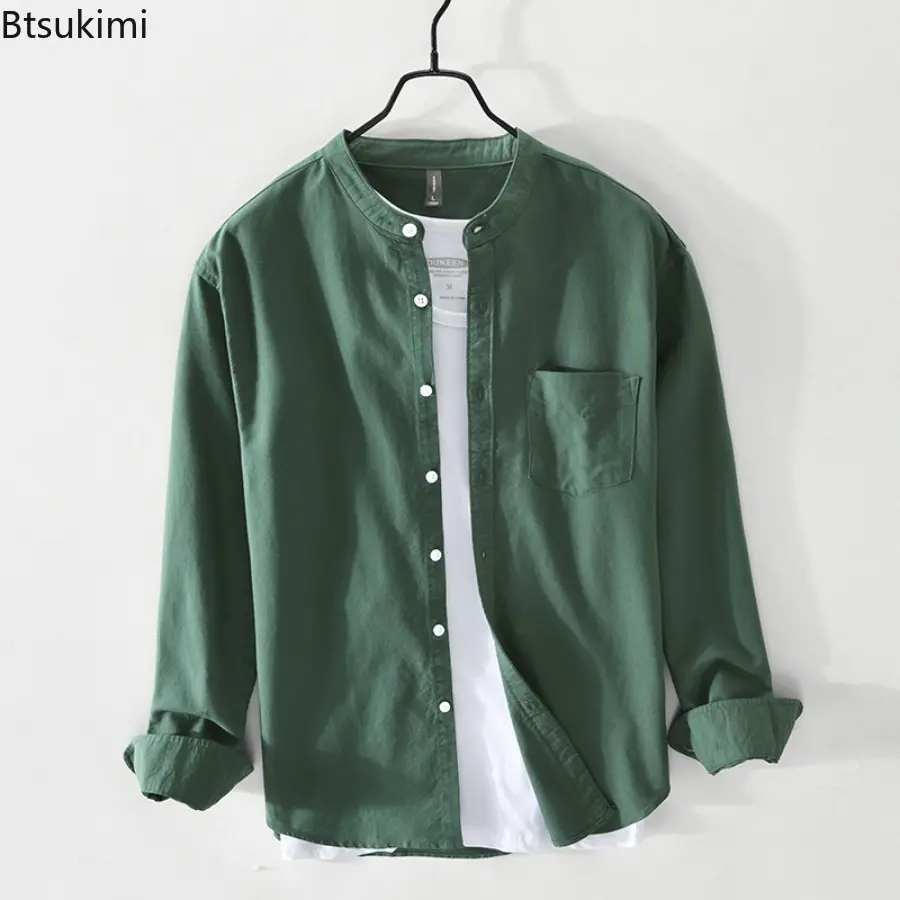2025 Fashion Retro Style Men's Solid Long-sleeved Casual Shirts Comfortable 100% Cotton Versatile Shirt Coats Men Simple Blouses