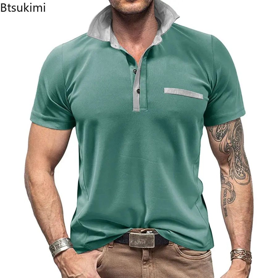 New Men's Summer Patchwork Polo Shirts Fashion Contrast Color Design Short Sleeve Lapel T-shirts Men Business Casual Sport Tops