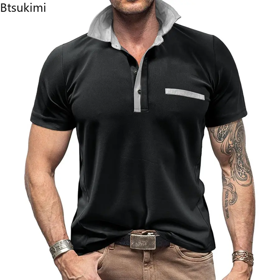 New Men's Summer Patchwork Polo Shirts Fashion Contrast Color Design Short Sleeve Lapel T-shirts Men Business Casual Sport Tops