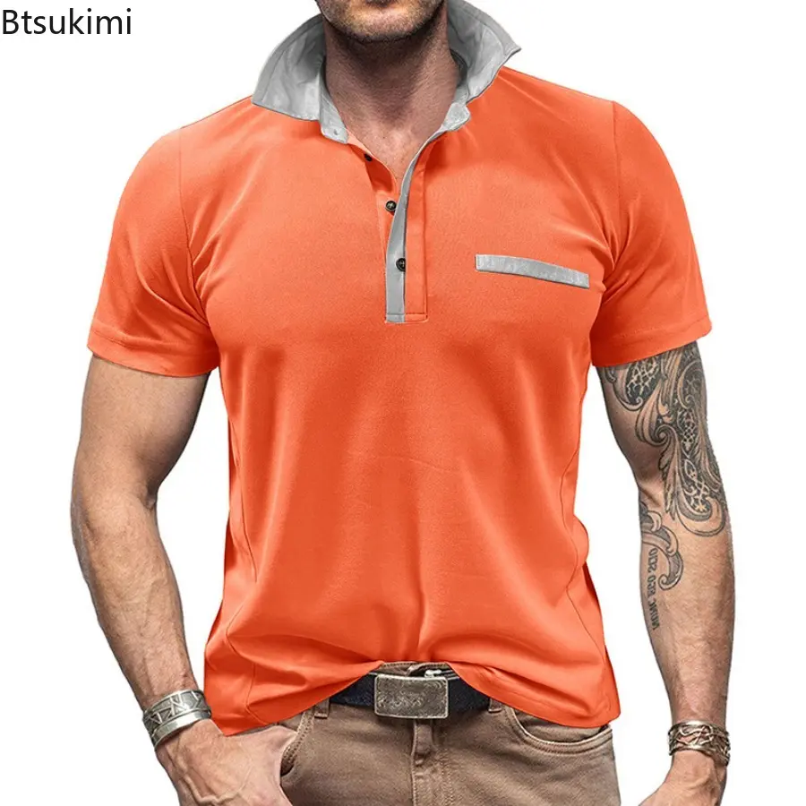 New Men's Summer Patchwork Polo Shirts Fashion Contrast Color Design Short Sleeve Lapel T-shirts Men Business Casual Sport Tops