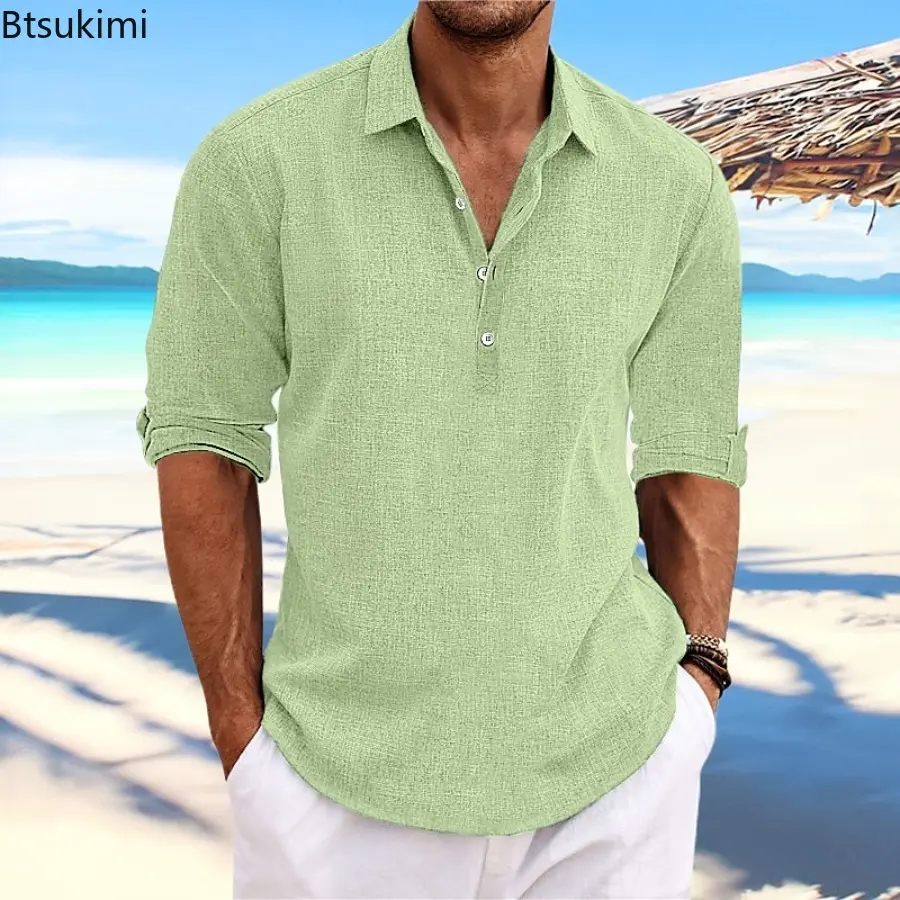 2025 Summer High Quality Men's Casual Cotton Linen Long Sleeve Shirt Solid Color Lapel Button Loose Tops Business Casual Blouse