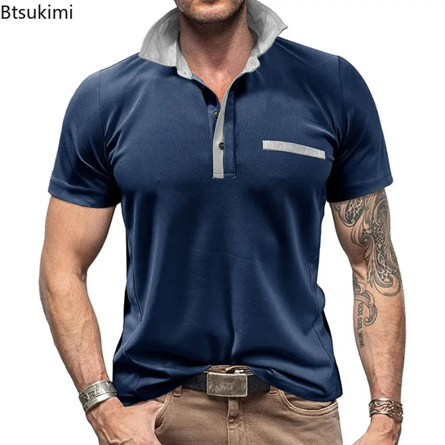 New Men's Summer Patchwork Polo Shirts Fashion Contrast Color Design Short Sleeve Lapel T-shirts Men Business Casual Sport Tops