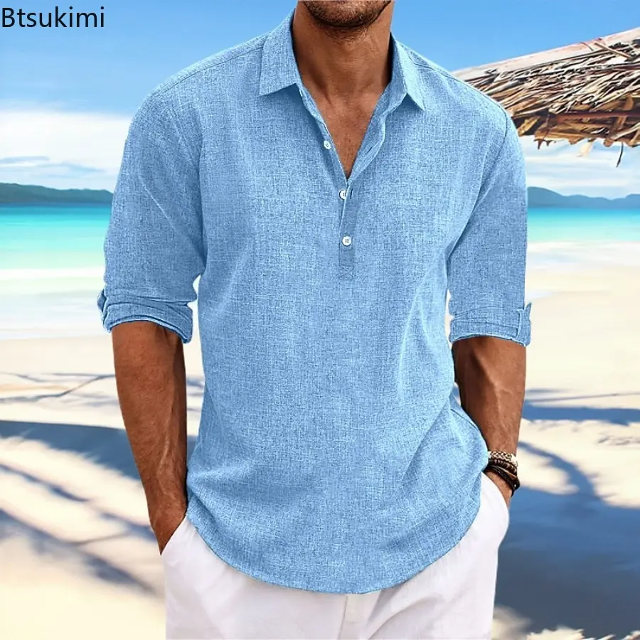 2025 Summer High Quality Men's Casual Cotton Linen Long Sleeve Shirt Solid Color Lapel Button Loose Tops Business Casual Blouse