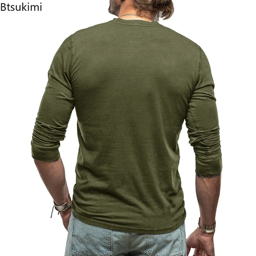 New 2025 Fashion 100% Cotton Shirt Men's Long Sleeved T-shirt Casual Soft Base Shirt Placket Front Button Solid Color Pullover