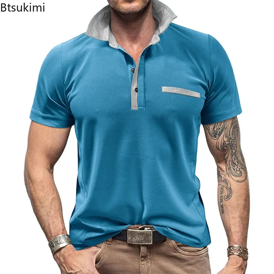 New Men's Summer Patchwork Polo Shirts Fashion Contrast Color Design Short Sleeve Lapel T-shirts Men Business Casual Sport Tops