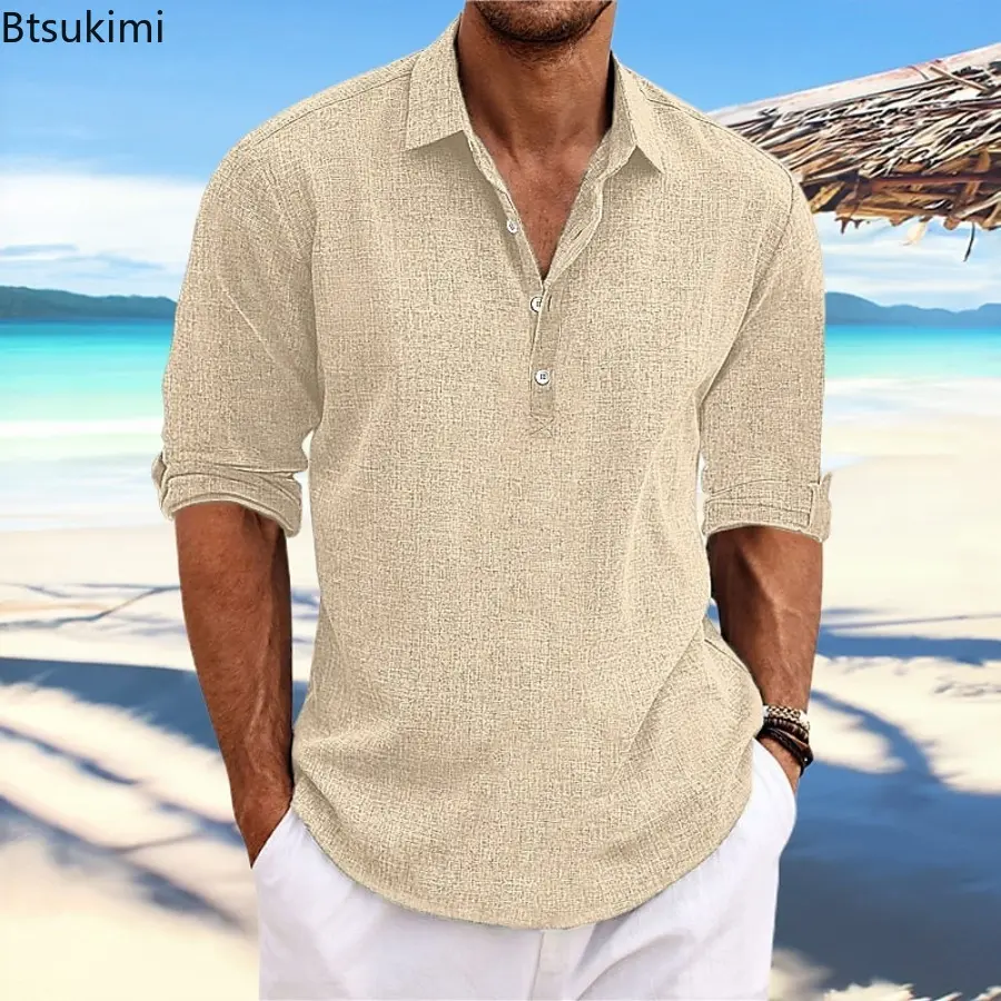 2025 Summer High Quality Men's Casual Cotton Linen Long Sleeve Shirt Solid Color Lapel Button Loose Tops Business Casual Blouse