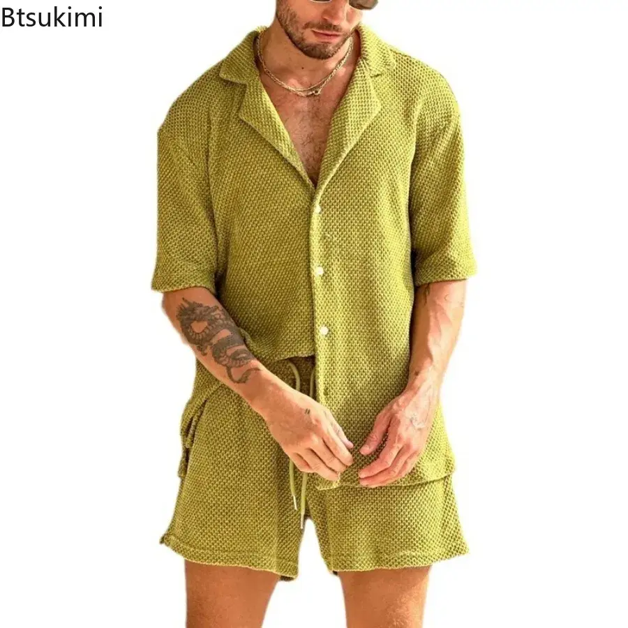 Summer Solid Breathable Casual Suits Men's Fashion Loose Button Lapel Shirt Tops and Drawstring Shorts Two Pieces Tracksuit Men